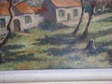 a picture of a painting of a house in a field