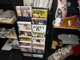 a book shelf with magazines and stuffed animals on it