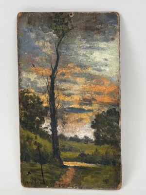 a painting of a tree in a field with a sunset in the background