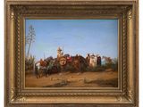 an oil painting of a group of men riding horses in the desert