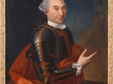 un vieux tableau représentant un homme en armure avec une cape rouge