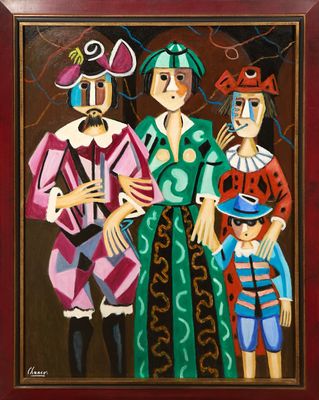 un tableau représentant trois personnes et un enfant, dans un cadre rouge