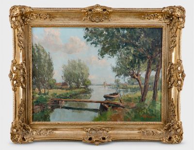 tableau représentant une scène fluviale avec un bateau sur un pont