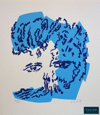 un tableau représentant une femme aux cheveux bleus et aux yeux bleus