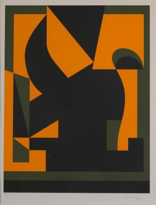 an image of a black and orange abstract painting with a dog