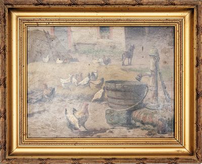 L. OURY "Scène de basse-cour à la fontaine"