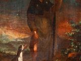 a painting of a man and a dog in a rocky landscape