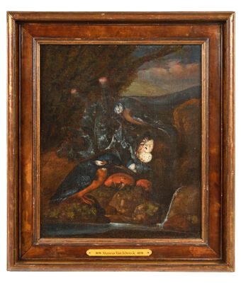 a painting of a man riding a horse in a wooded area