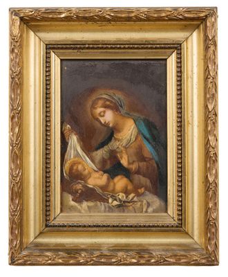 a painting of a woman holding a baby in a gold frame