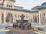 un tableau représentant une fontaine dans une cour, avec un bâtiment en arrière-plan