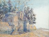 a painting of a stone building on the side of a hill