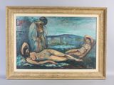 an oil painting of two nudes and a man laying on a bed