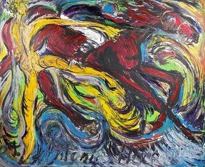 abstract painting of a man riding a motorcycle on a wave of paint