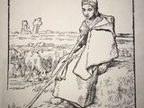 un vieux dessin représentant une femme tenant un bâton à la main