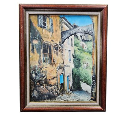 tableau représentant un bâtiment avec une porte et une fenêtre bleues