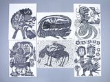 several black and white drawings of animals and people on a blue background