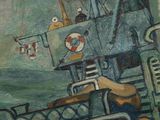 a painting on the wall of a ship that is in the water