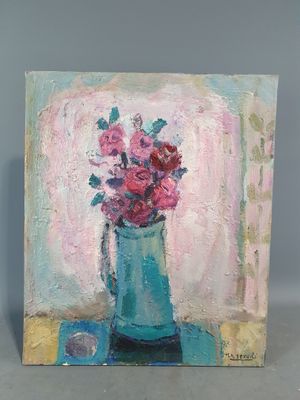 une peinture de fleurs dans un vase bleu sur une table