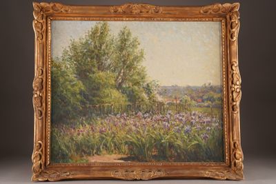 an image of a painting of a field of flowers with trees in the background