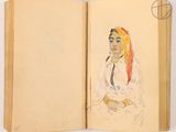 an open book with a drawing of a woman in a white dress