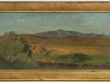 an oil painting of a landscape with mountains in the background