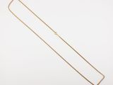 a gold necklace with a long chain on a white background