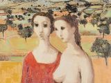 tableau représentant deux femmes debout l'une à côté de l'autre dans un champ