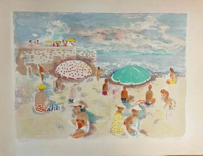 a painting of a beach scene with people on the sand