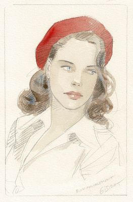tableau représentant une femme portant un béret rouge et une chemise blanche