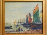 une peinture à l'huile représentant des bateaux dans un port, avec des personnes sur le rivage