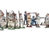 the figurines of the soldiers are lined up in a row