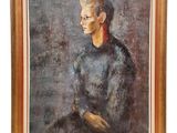 a painting of a woman in a blue dress sitting on a chair