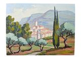 an oil painting of a landscape with trees and a church