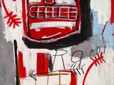 a painting of a red telephone booth with graffiti on it