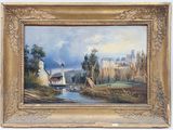 une peinture à l'huile représentant une scène de campagne, avec une rivière au premier plan et un château à l'arrière-plan