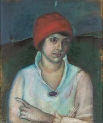 une peinture à l'huile représentant une femme portant un chapeau rouge et une chemise blanche