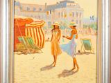 an oil painting of two women on the beach with umbrellas