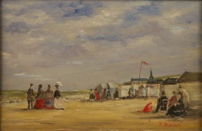 painting of a beach scene with people sitting and standing on the sand