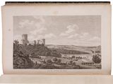 an old book with a drawing of a castle on top of a hill