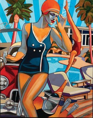 tableau représentant une femme en maillot de bain debout à côté d'une voiture rouge