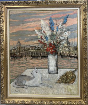 un tableau représentant un chat allongé par terre à côté d'un vase de fleurs