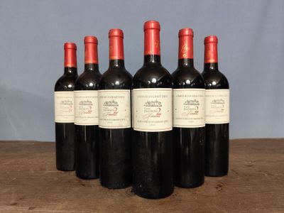 six bottles of red wine are lined up on a wooden table
