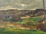 une image représentant un tableau représentant un paysage avec des arbres et un champ