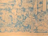 a blue and white drawing of a forest scene