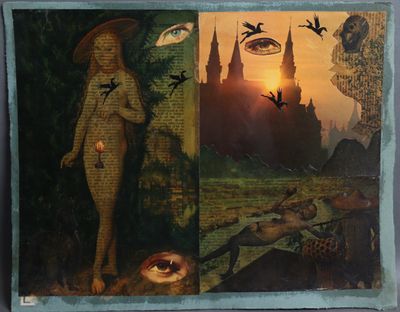 a picture of a painting of a woman with a bird on her head