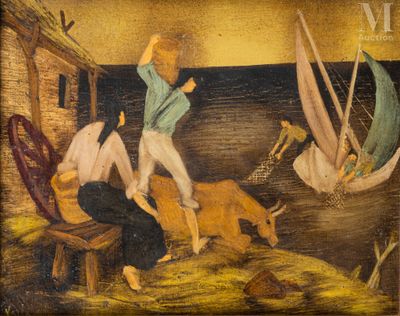 une image représentant un tableau où l'on voit un homme sur un bateau en compagnie d'autres personnes et d'animaux
