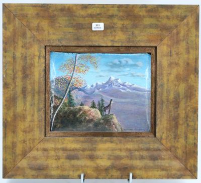 an oil painting of a mountain scene with trees and mountains in the background