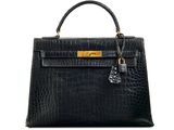 a black leather handbag with gold hardware on the handle