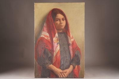 painting of a woman in a red shawl with her hands crossed