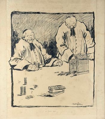 dessin représentant deux hommes assis à une table avec un livre